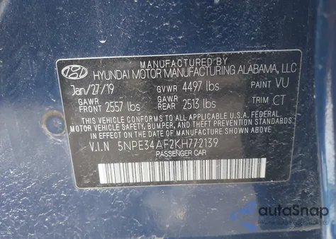 2019 Hyundai Sonata Sport z USA, uszkodzony, nr VIN 5NPE34AF2KH772139